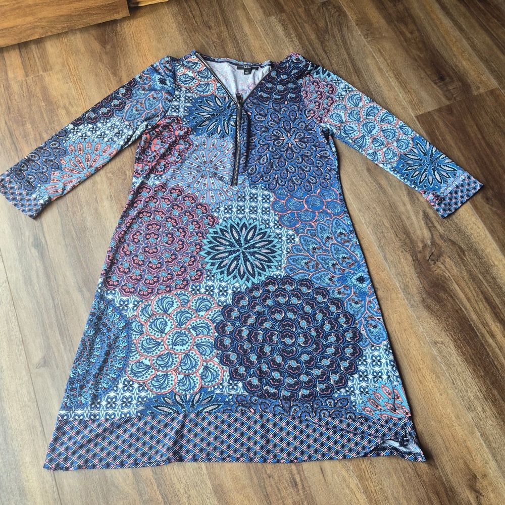 MSK Womens Blue Pink Mandala Paisley Print 3/4 Sleeve Half‎ Zip Tunic Dress S